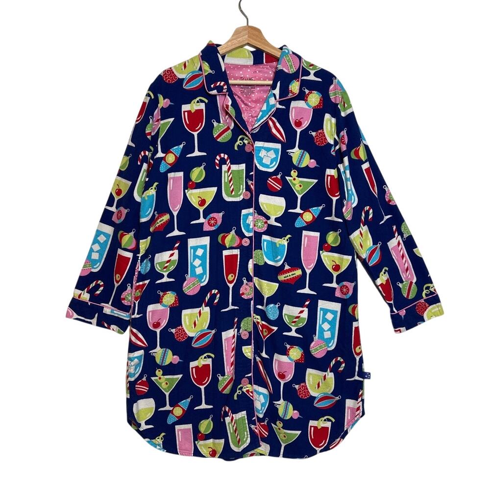Nick & Nora Vintage Flannel Sleep Shirt Holiday Cocktail Martini Long Sleeve XL